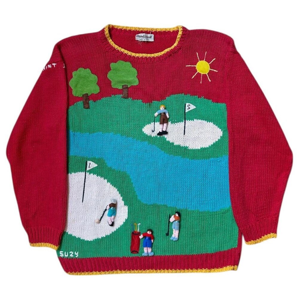 90s vintage golf sweater patches applique doll people sports golfers